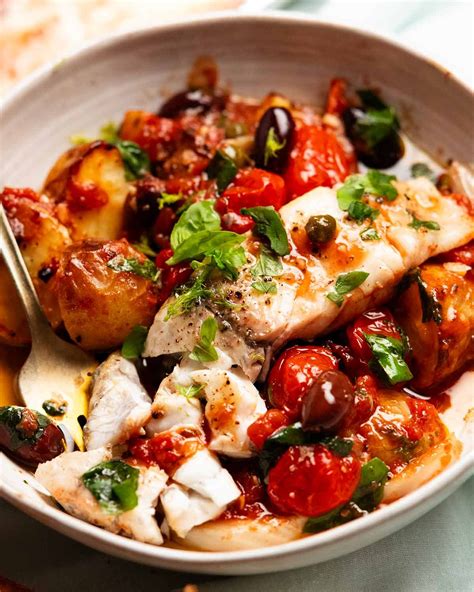 Puttanesca fish tray bake .